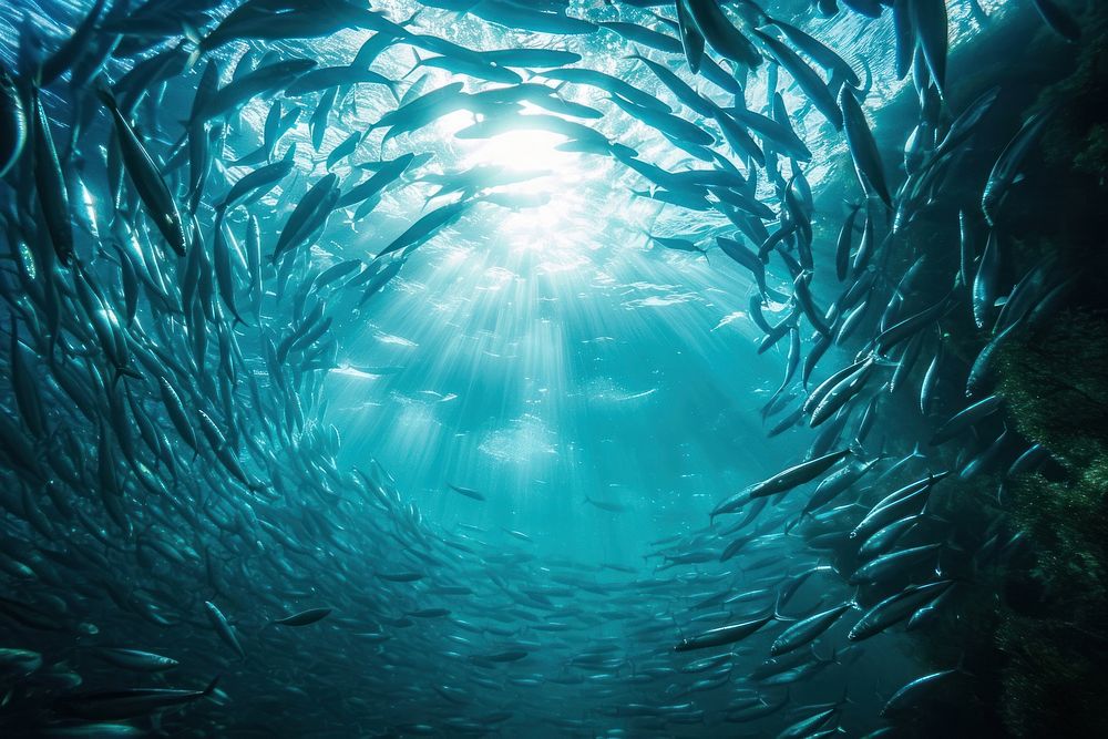 Underwater photo of sardines animal outdoors aquatic.