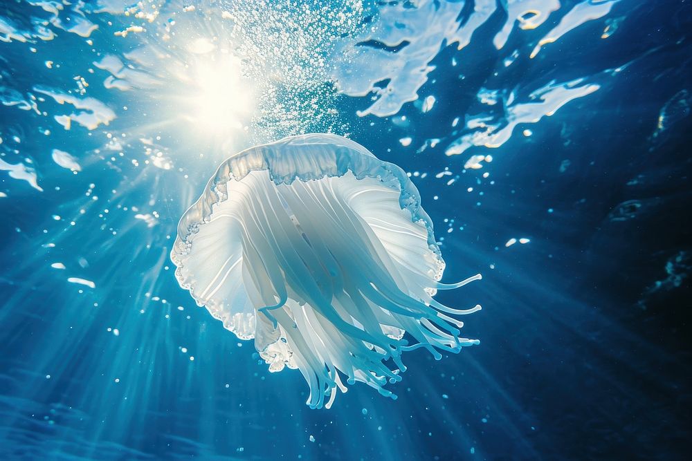 Underwater photo jellyfish swimming outdoors.