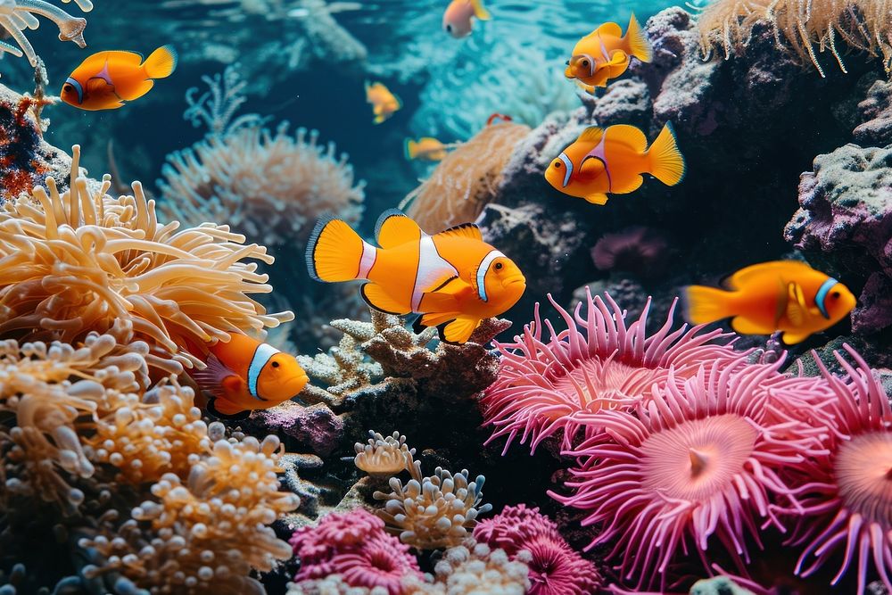 Underwater photo of sea fishes and corals and sea anemones animal aquarium outdoors.