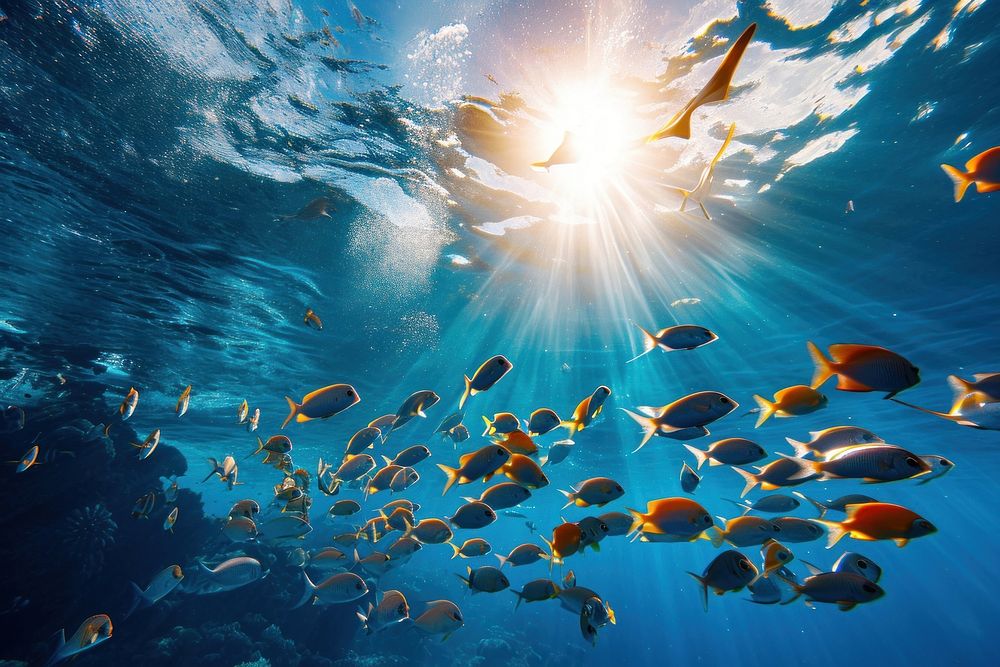 Underwater photo of sea fishes swimming in blue ocean animal sunlight outdoors.