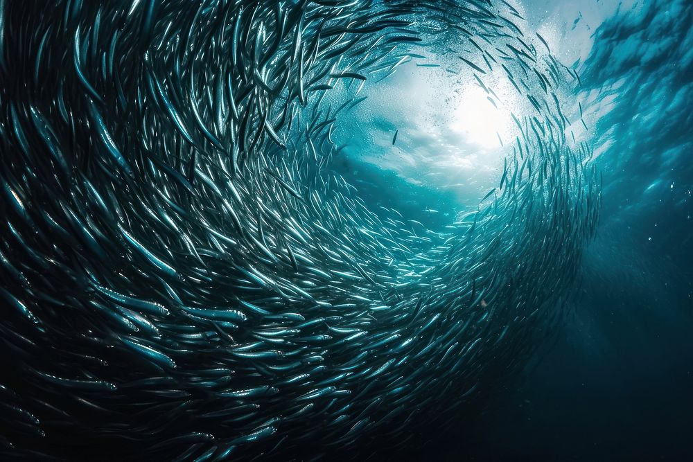 Underwater photo of shoal of sardines in circle shape animal outdoors nature.
