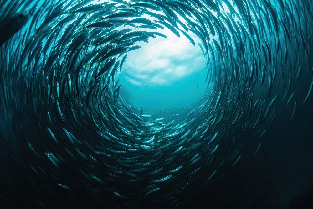 Underwater photo of shoal of sardines in circle shape animal outdoors nature.