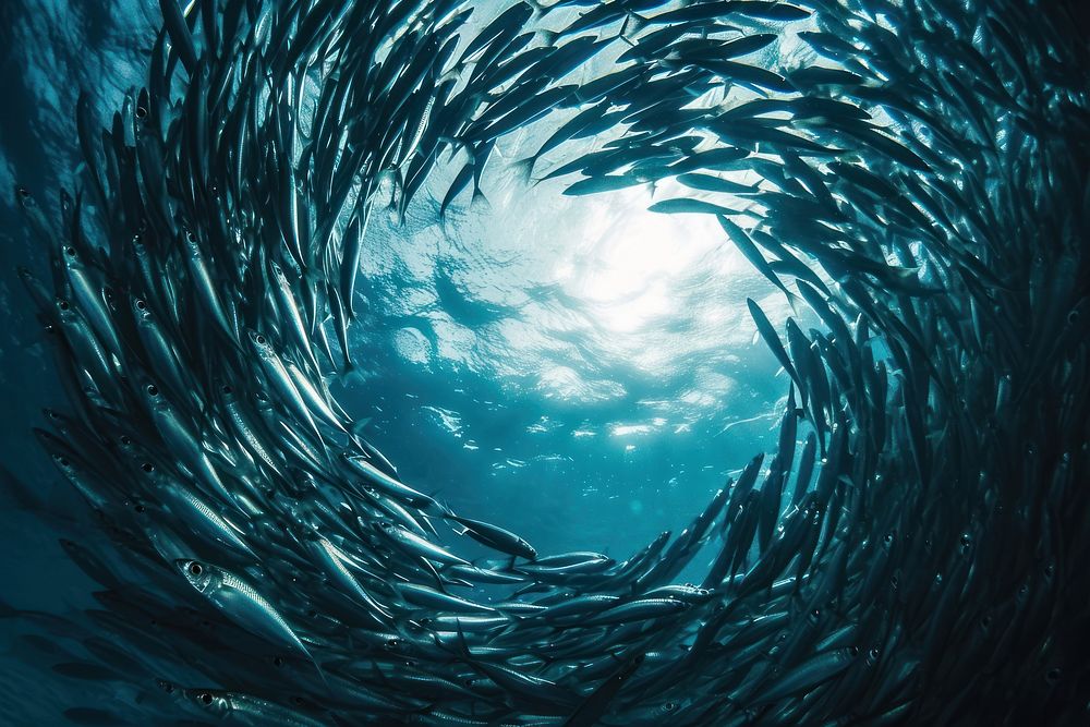 Underwater photo of shoal of sardines in circle shape outdoors aquatic nature.