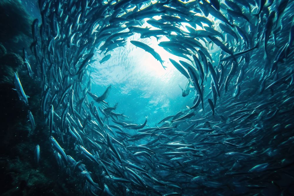 Underwater photo of shoal of sardines in circle shape animal outdoors aquatic.