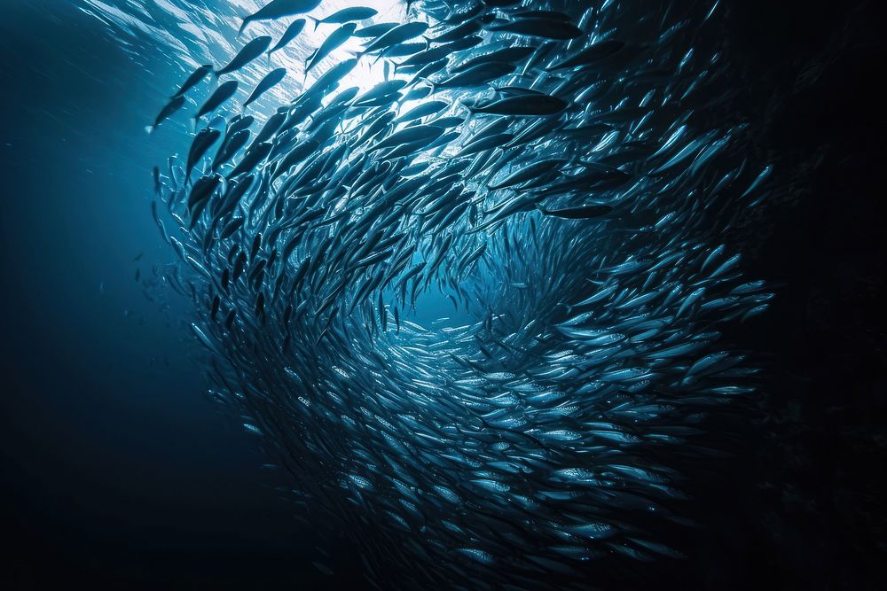 Underwater photo of shoal of sardines in circle shape animal nature marine.