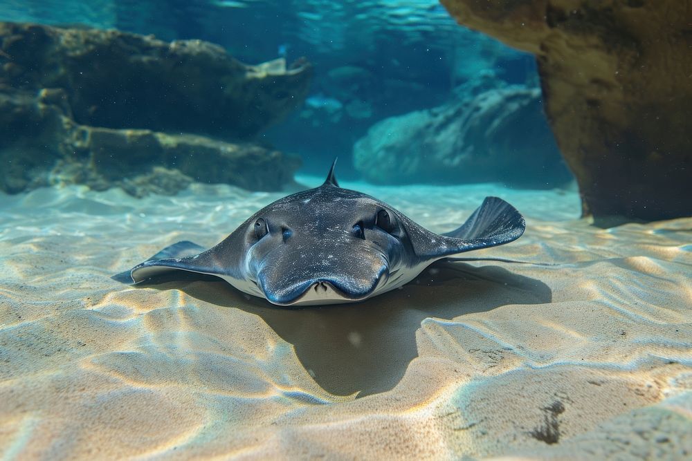 Underwater photo of stingray swimming on sand animal outdoors nature.