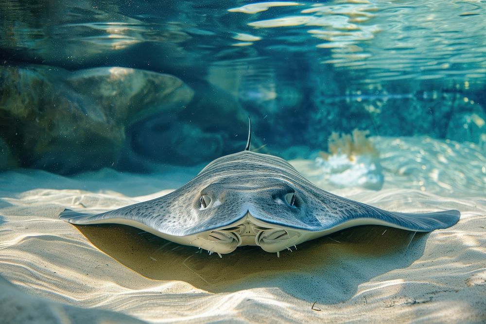 Underwater photo of stingray swimming on sand animal outdoors nature.