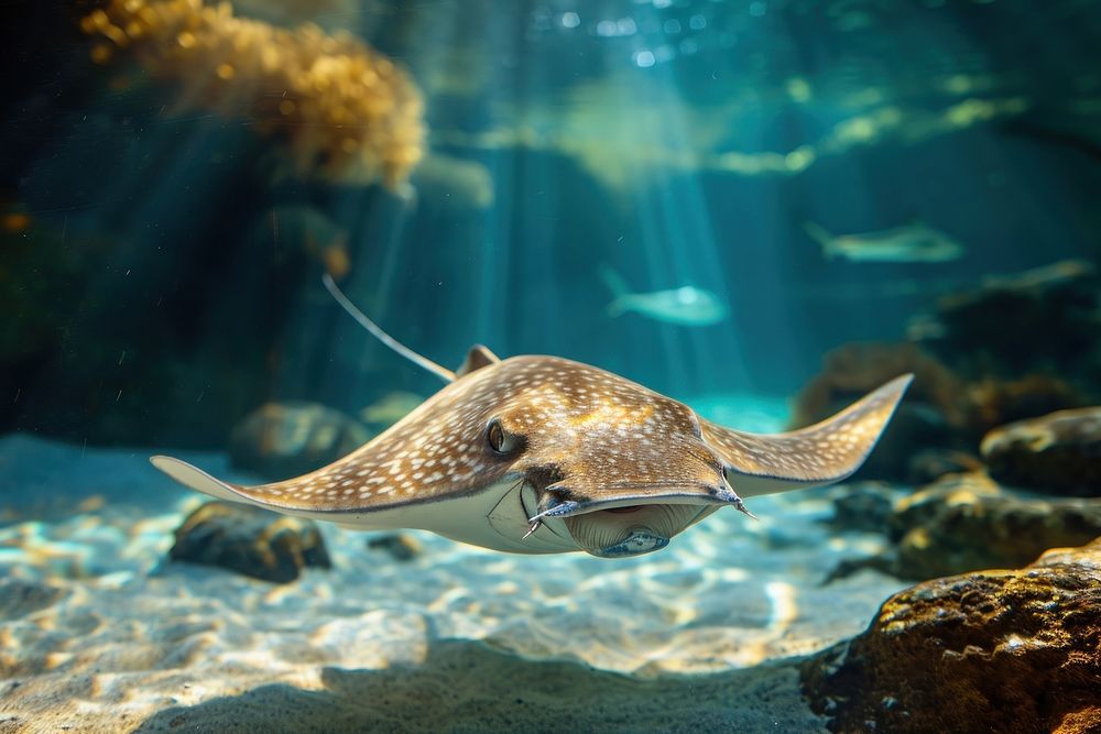 Underwater photo of stingray swimming animal outdoors aquatic.