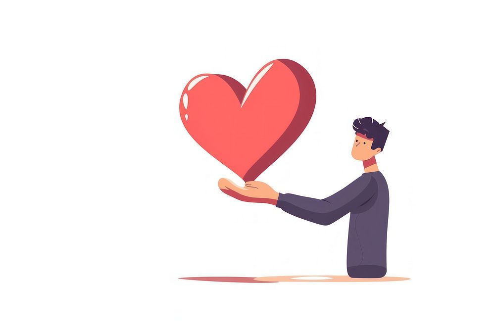 Vector illustration tiny cartoon man whit heart getting assistance in charity creativity standing romance.