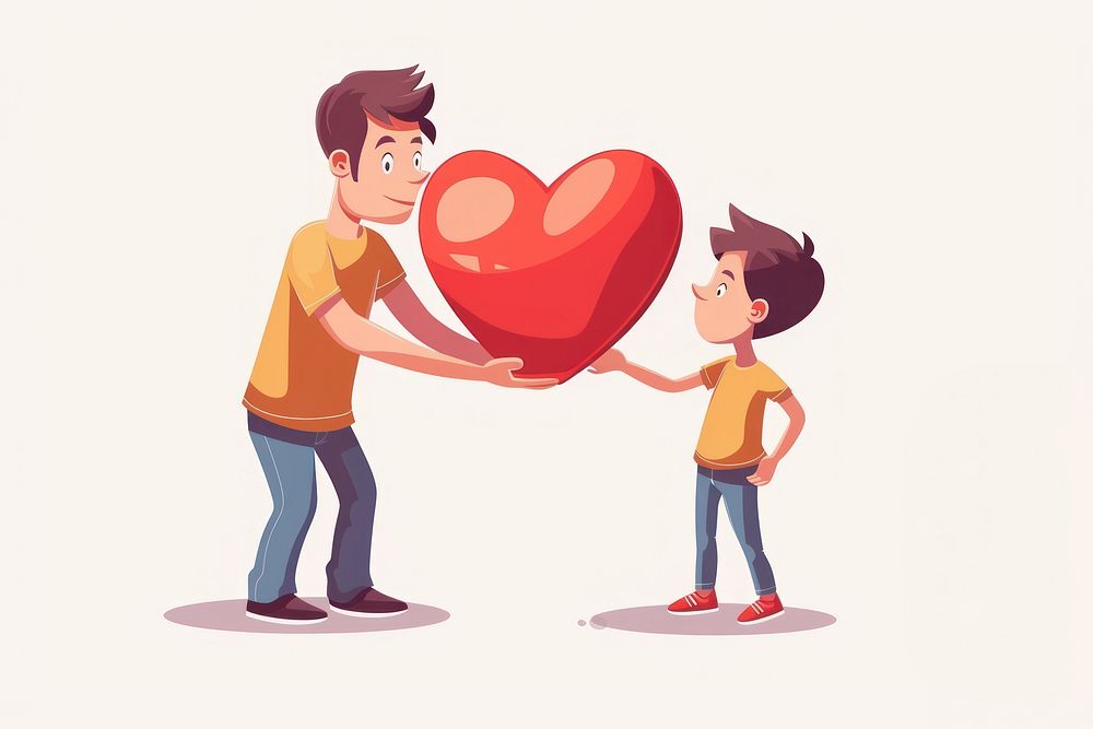 Vector illustration tiny cartoon man whit heart getting assistance in charity togetherness affectionate happiness.