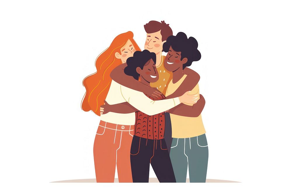 Vector illustration flat youth people hugging together adult togetherness affectionate.