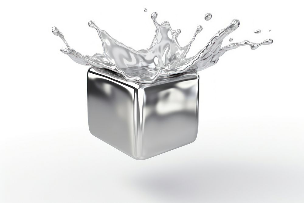 Cube melting silver metal white background.