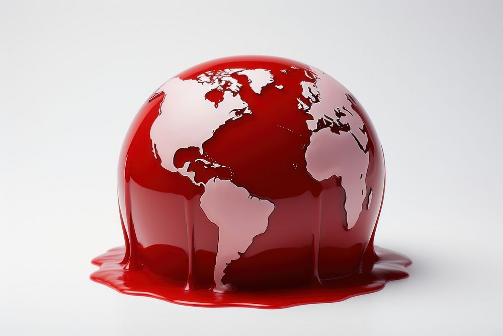 Melting earth splattered ketchup sphere.