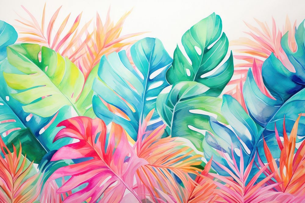 Neon tropical leaves border painting tropics pattern.