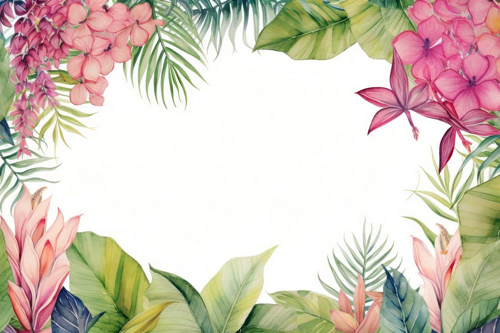 Tropical leaves and flowers border outdoors painting pattern.