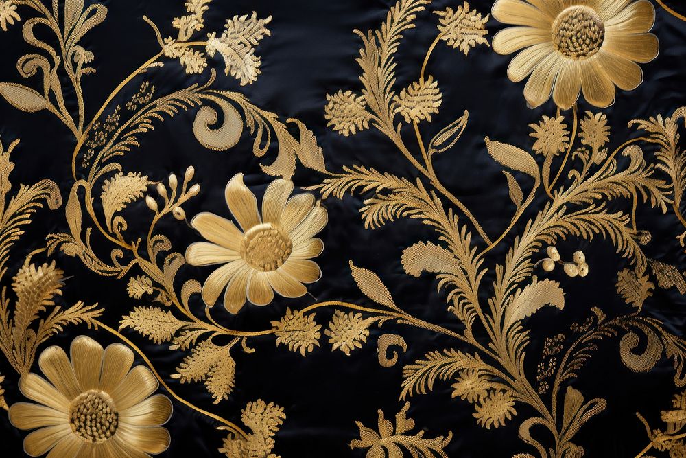 Vintage damask pattern embroidery black gold.