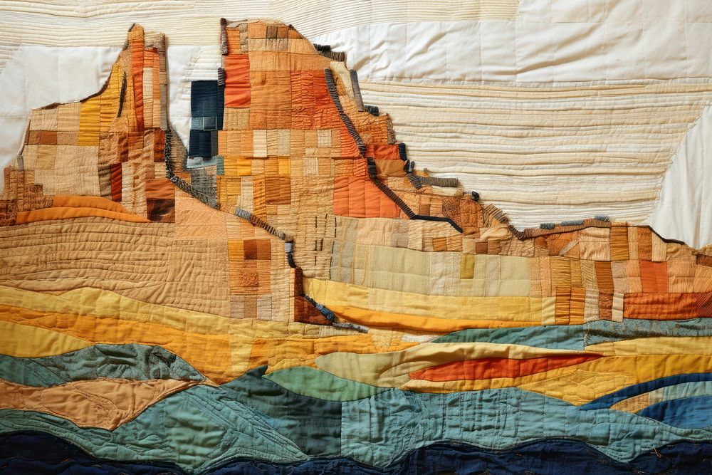 Castle in desert landscape quilt art.