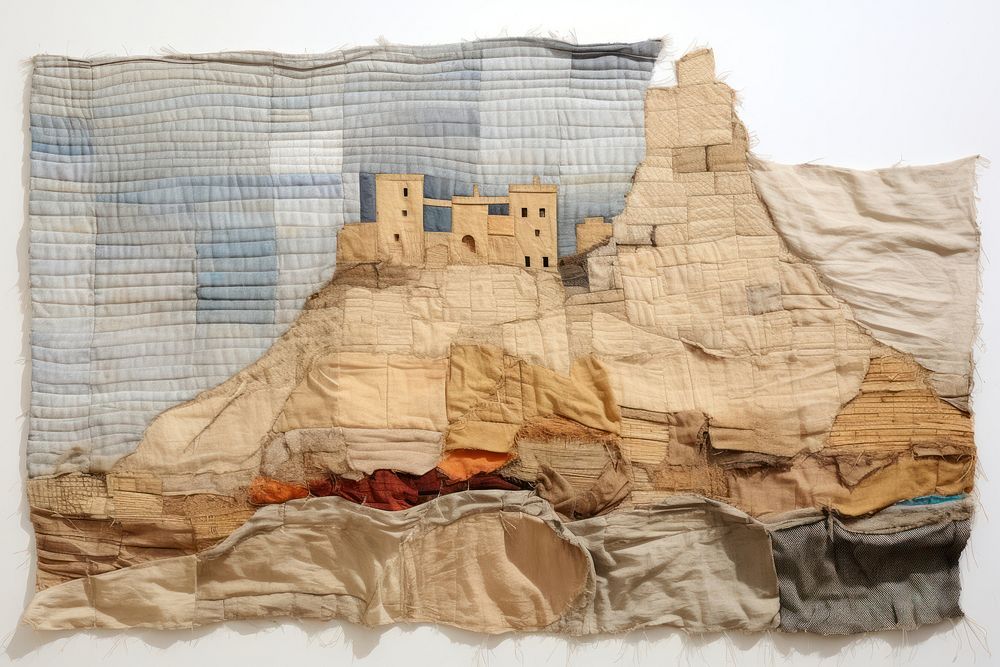 Castle in desert quilt art architecture.
