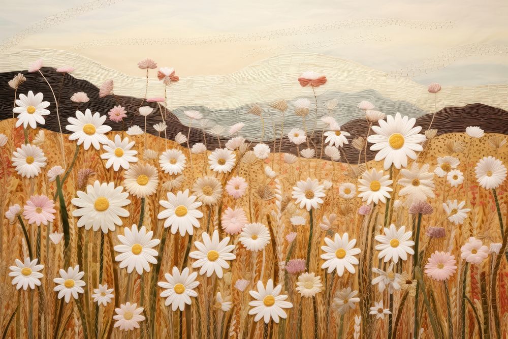 Daisy flower repeated pattern landscape outdoors painting.