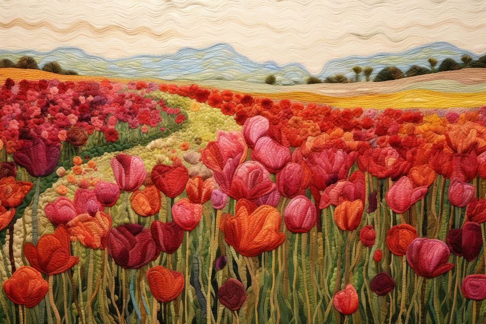 Multicolour tulips field landscape painting flower.
