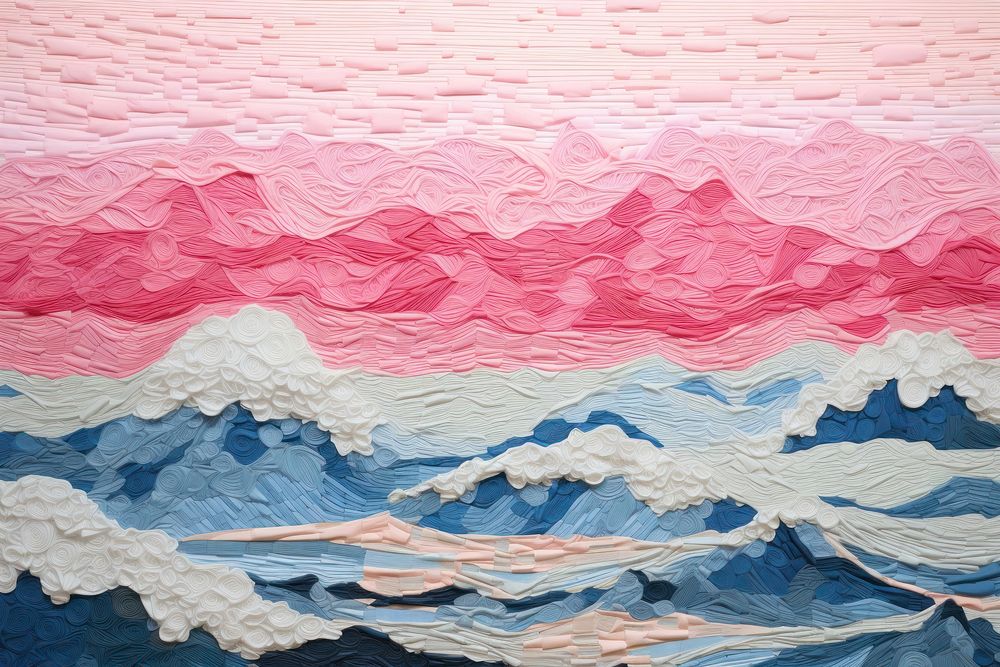 Pink ocean waves landscape painting art.
