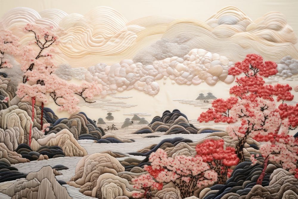 Red chinese pattern landscape painting art.