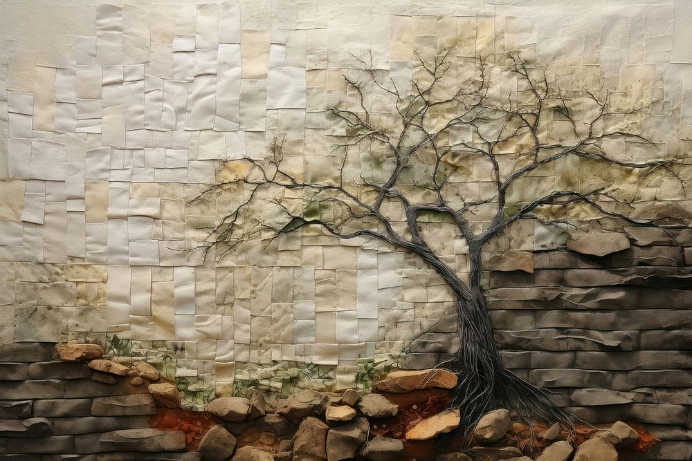 Roman stone wall plant tree art.