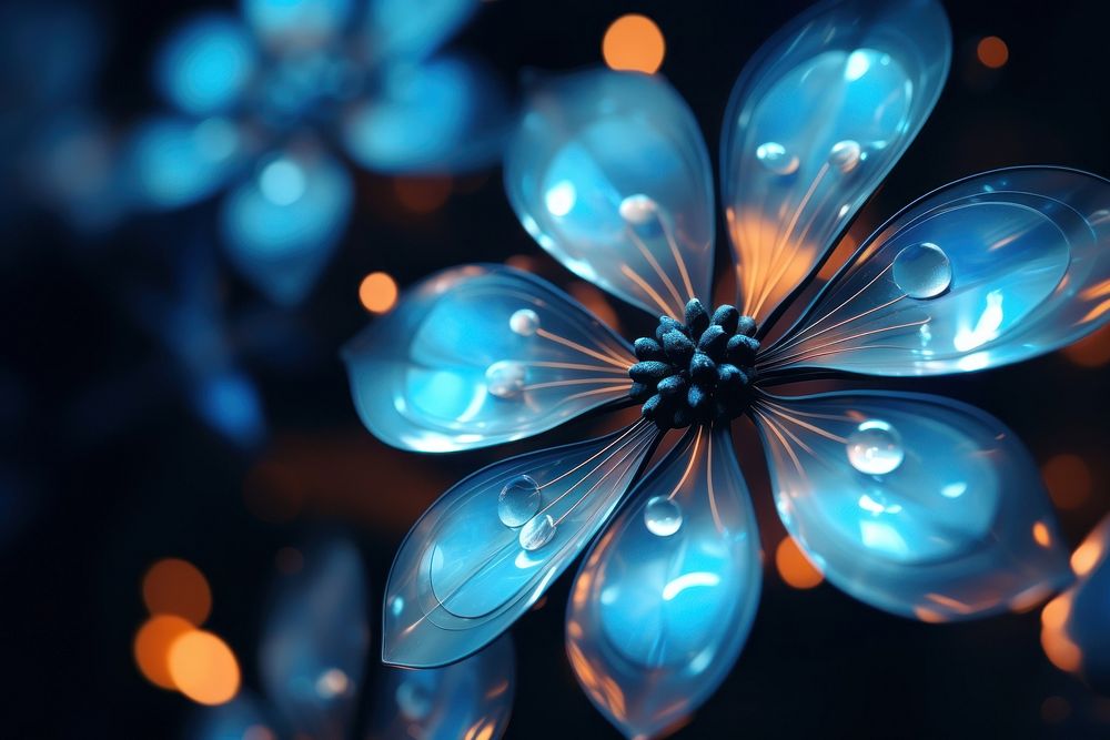 Neon black and blue light pattern bokeh effect background abstract flower shape.
