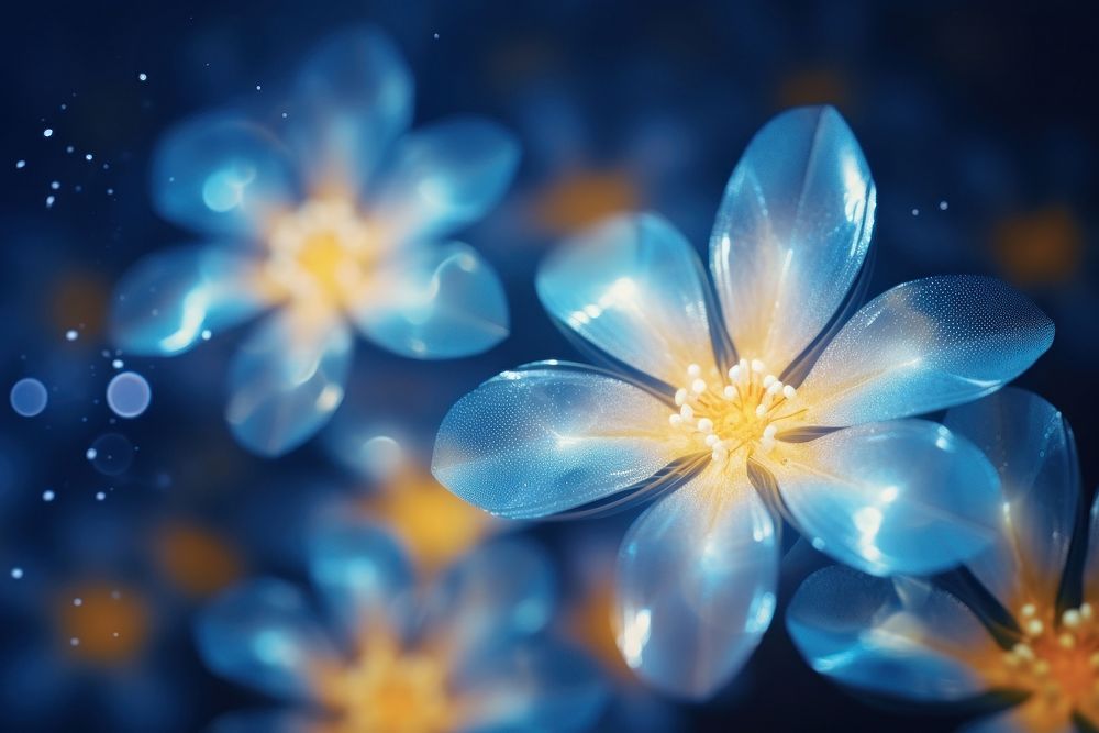 Neon yellow and blue light pattern bokeh effect background flower inflorescence forget-me-not.