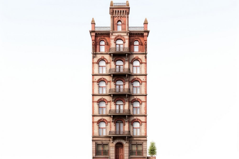 Tall brick european apartment architecture building tower.