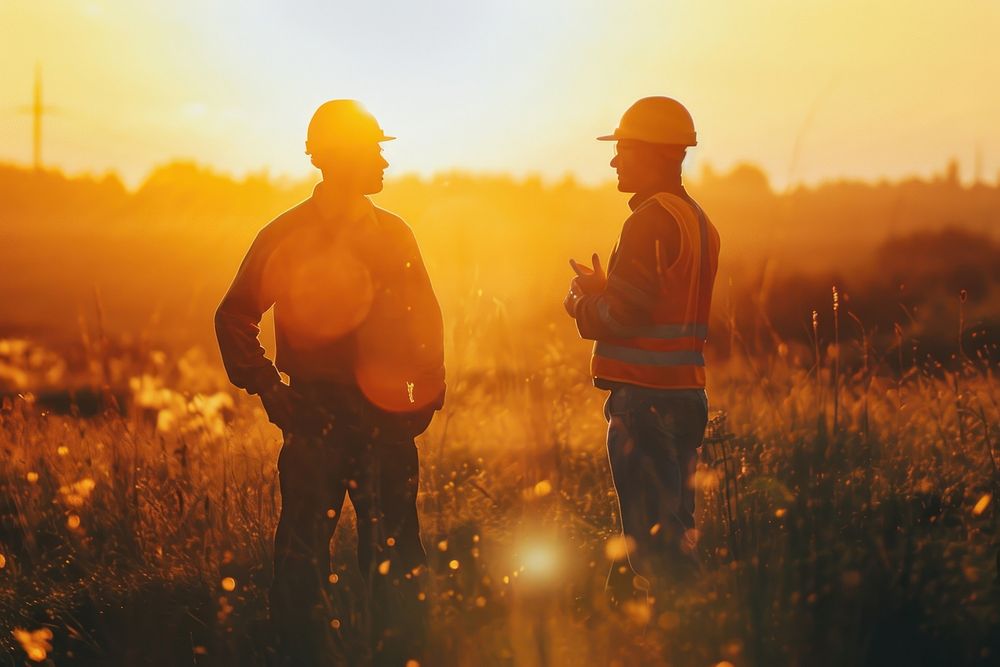 Diverse construction workers talking hardhat helmet field.