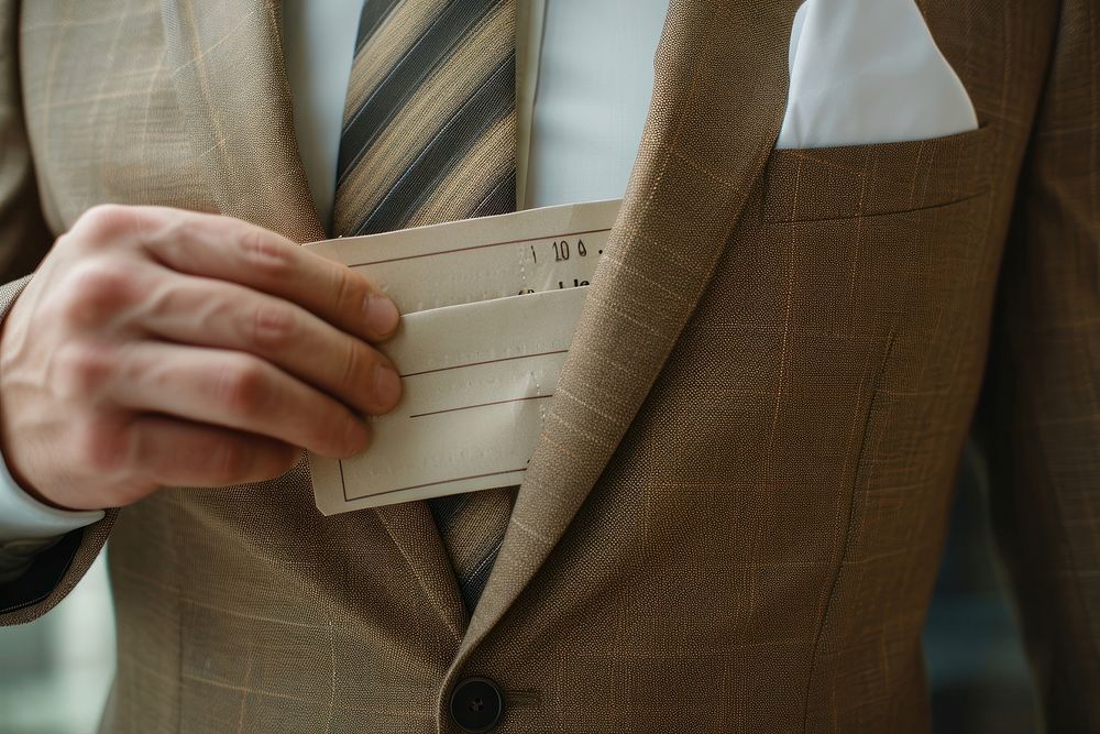Man in suit holding a flight ticket hand tie accessories.