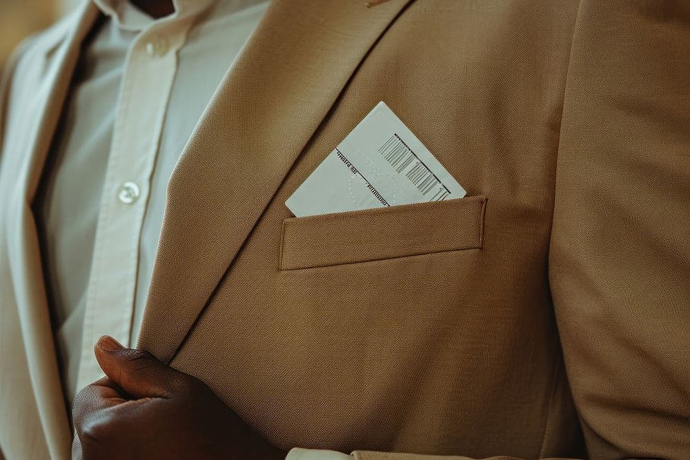 Black man in suit hiding a ticket adult hand midsection.