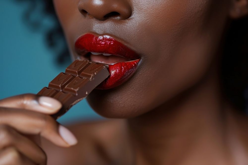 Black woman biting chocolate bar adult red hairstyle.