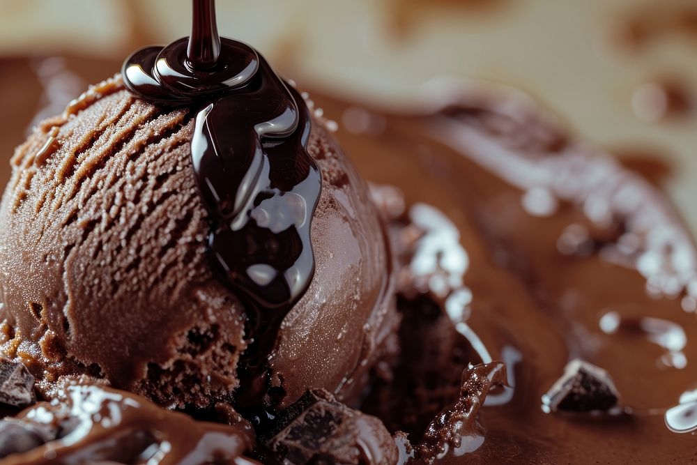 Chocolate syrup dripping on chocolate ice cream dessert sundae food.