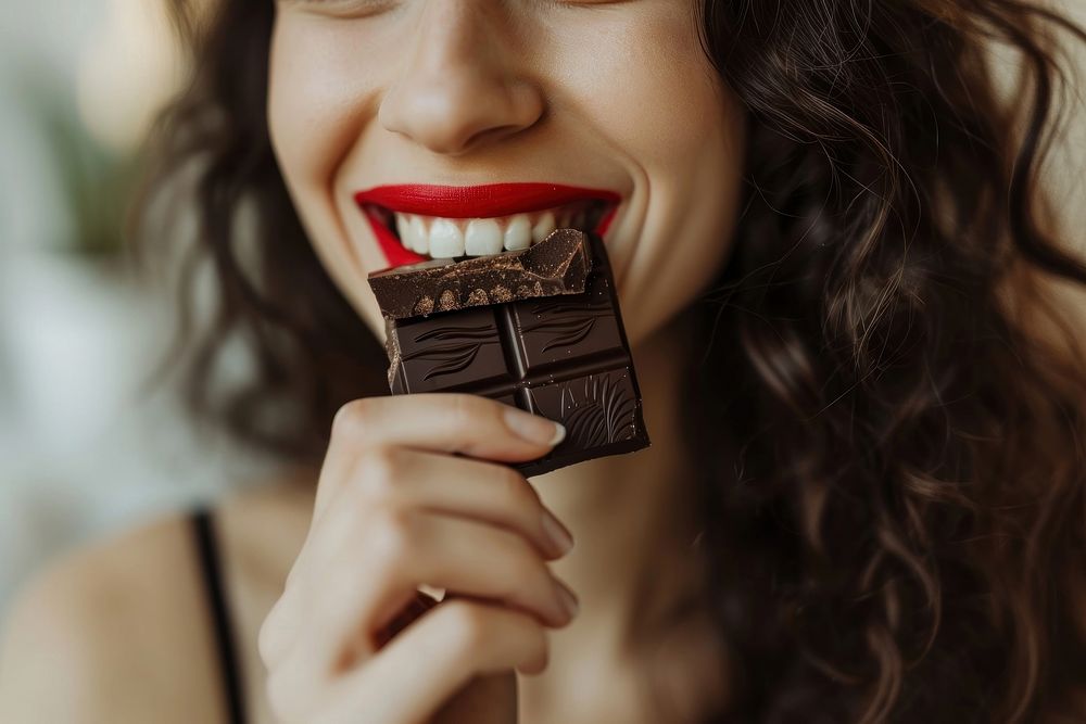 Woman biting chocolate bar adult smile food.