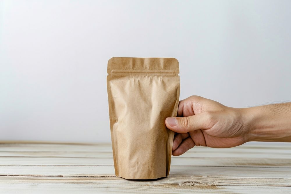 Person holding paper coffee bag hand wood white background.