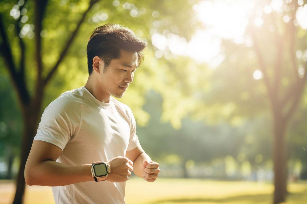 Asian man jogging in the park sunlight watch photo.