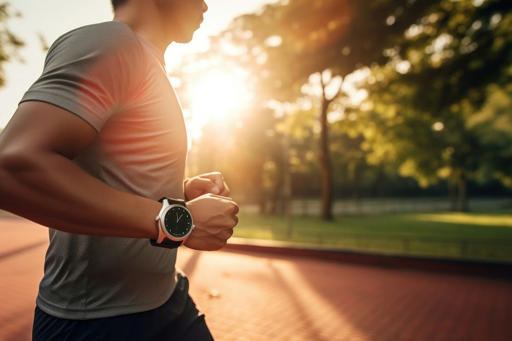 Asian man jogging in the park wristwatch sunlight running.