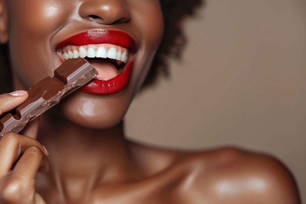 Black woman biting chocolate bar skin red perfection.