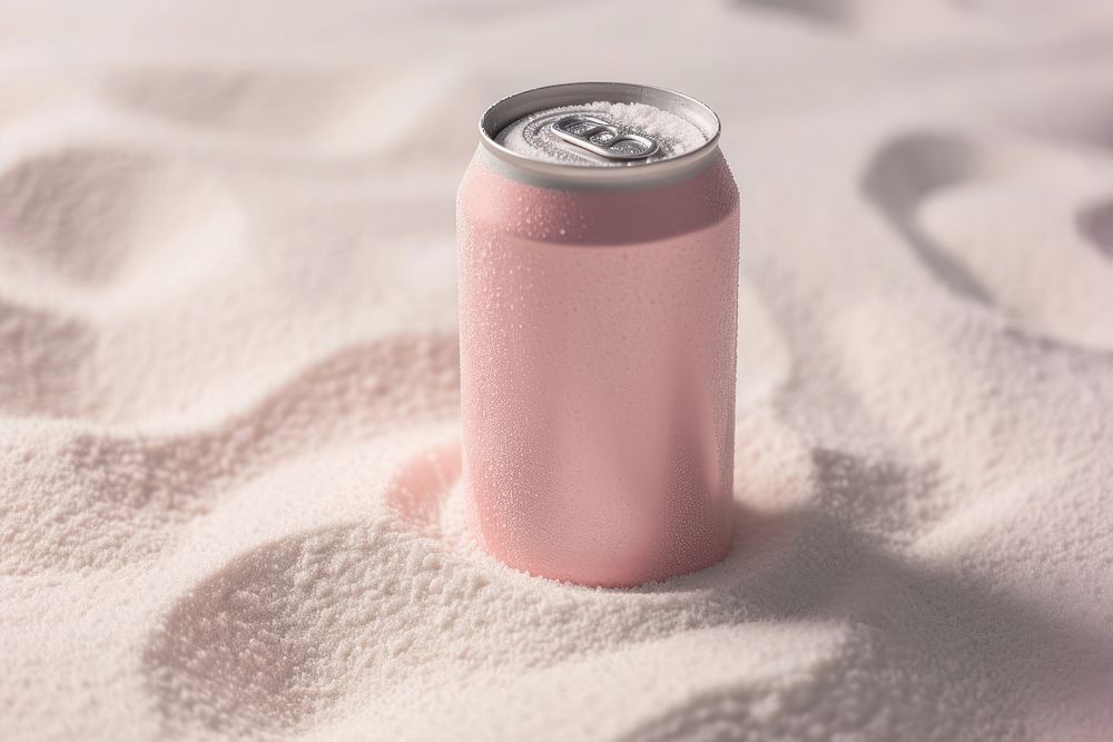 Drink can partially buried in white sand refreshment cylinder beverage.