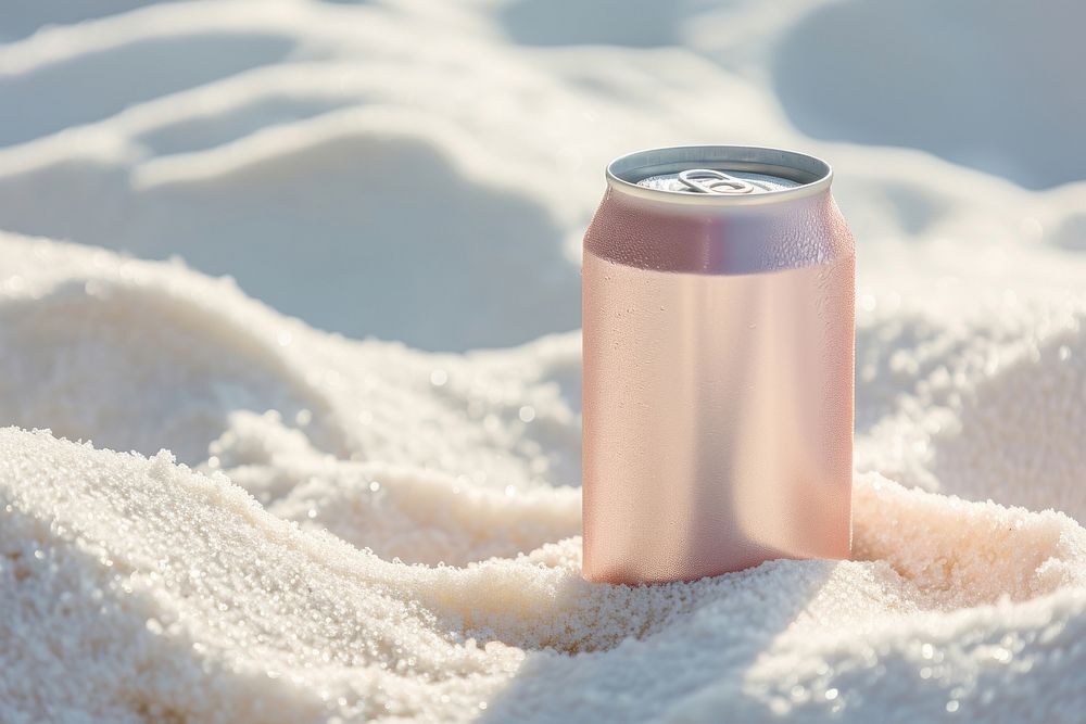 Drink can partially buried in white sand refreshment relaxation sunlight.