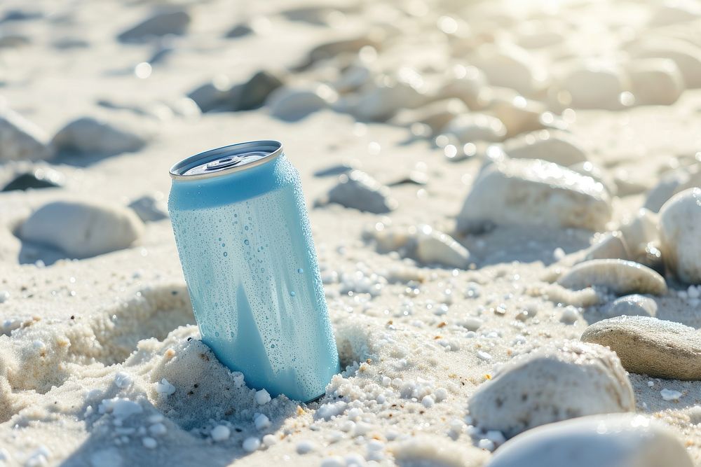 Drink can partially buried in white sand outdoors nature refreshment.