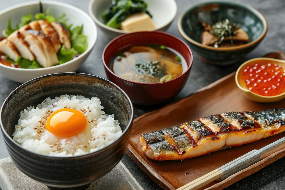 Japanese food dish set egg plate meat.