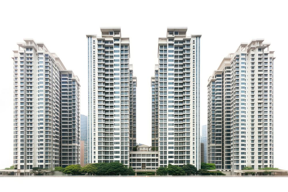 Tall Hongkong modern condominum buildings architecture city white background.