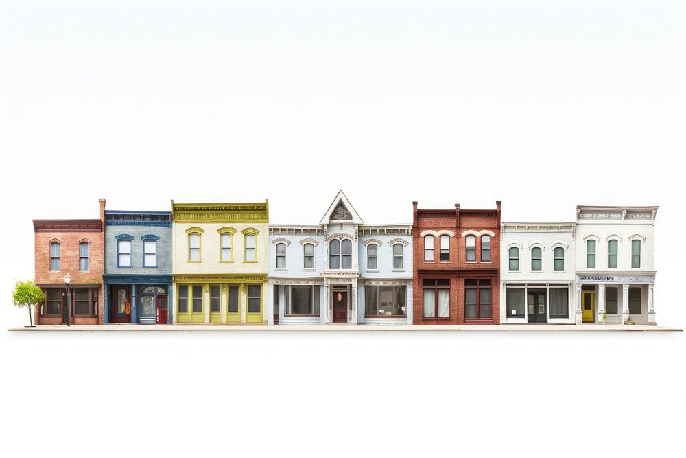 American small town buildings architecture house white background.