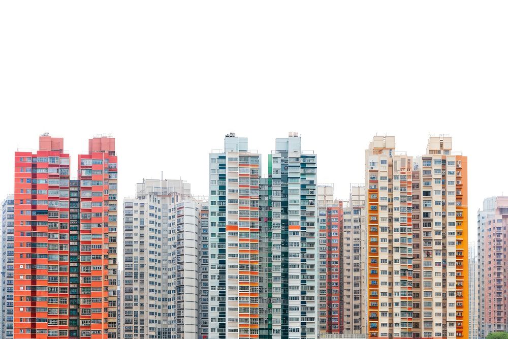 Hongkong apartment buildings architecture city white background.