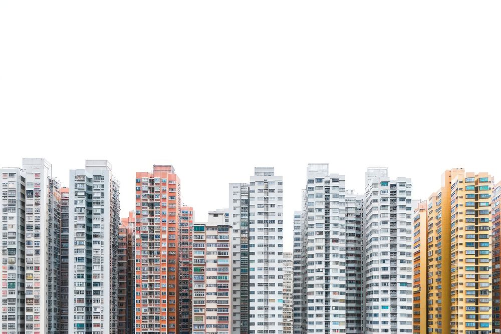 Hongkong apartment buildings architecture cityscape white background.