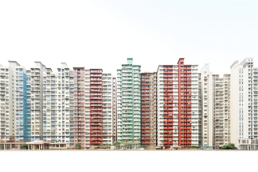 Hongkong apartment buildings architecture city white background.