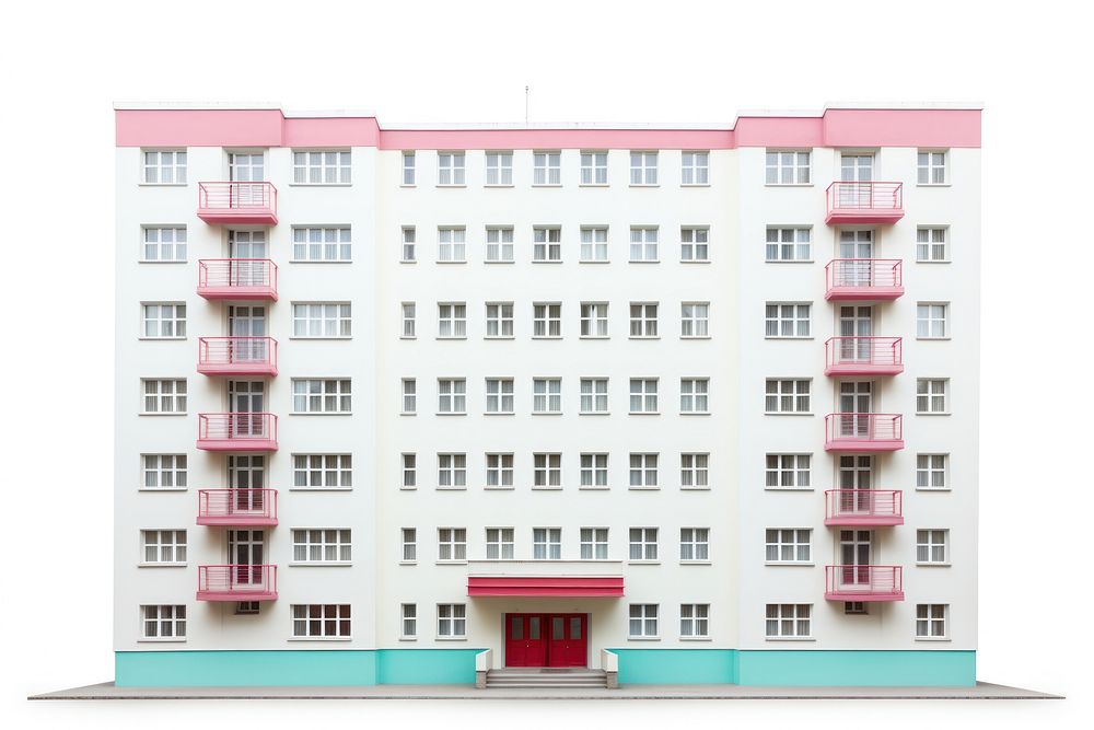 Architecture photo of pastel socialist apartment building city white background neighbourhood.